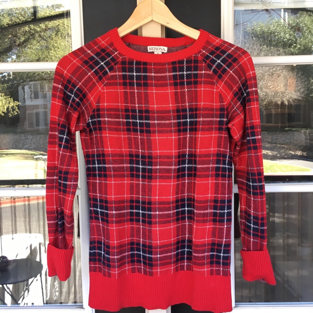 Plaid sweater - red, navy, white